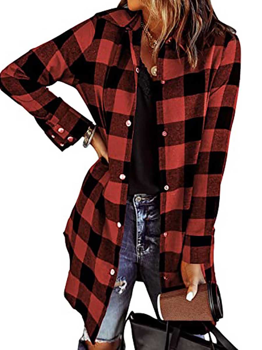 Veleaee Lapel Buttoned Plaid Shirt Jacket
