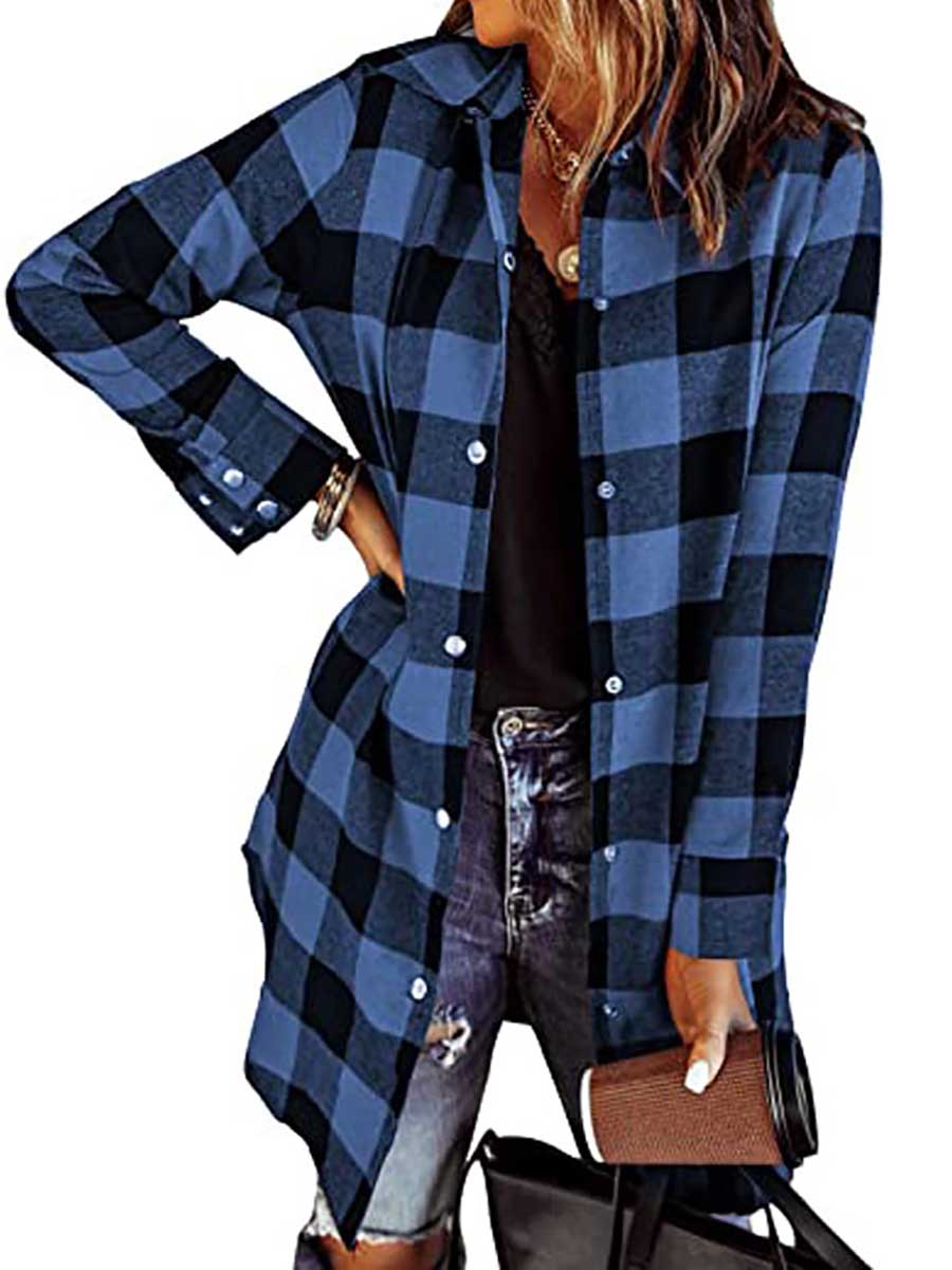 Veleaee Lapel Buttoned Plaid Shirt Jacket