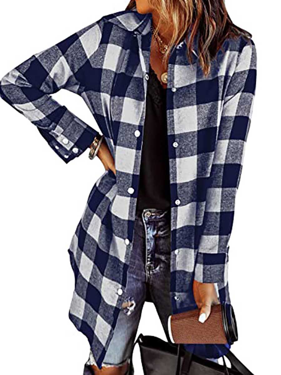 Veleaee Lapel Buttoned Plaid Shirt Jacket