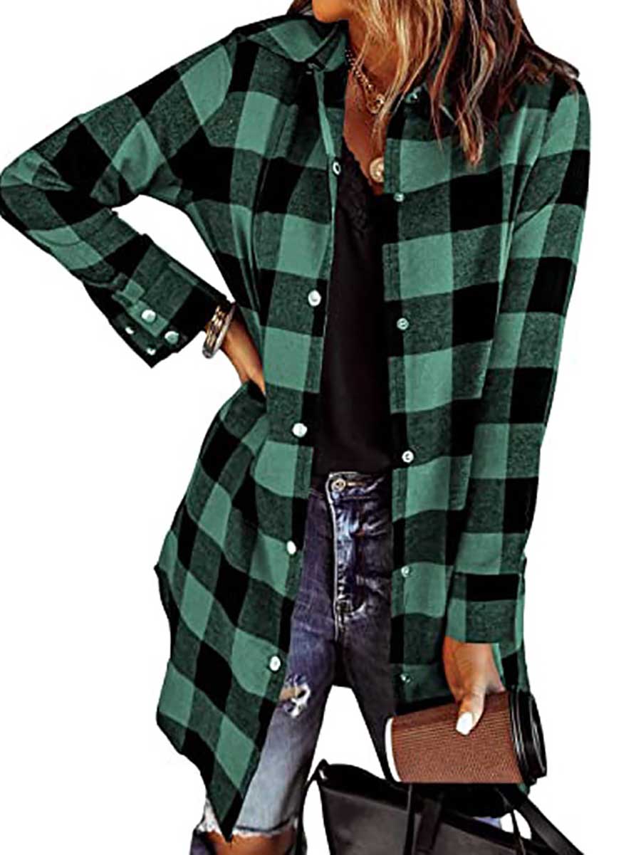 Veleaee Lapel Buttoned Plaid Shirt Jacket