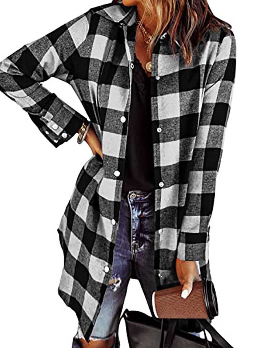 Veleaee Lapel Buttoned Plaid Shirt Jacket