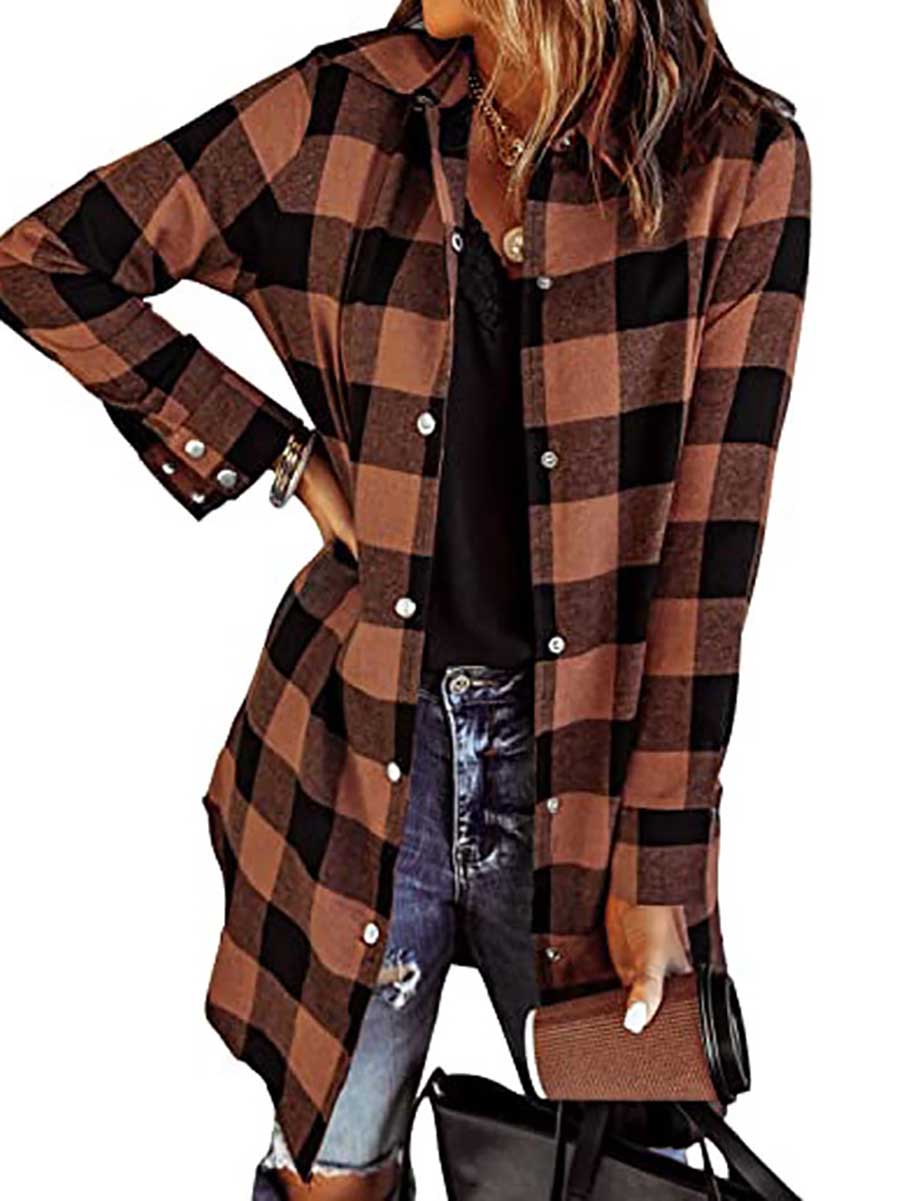 Veleaee Lapel Buttoned Plaid Shirt Jacket