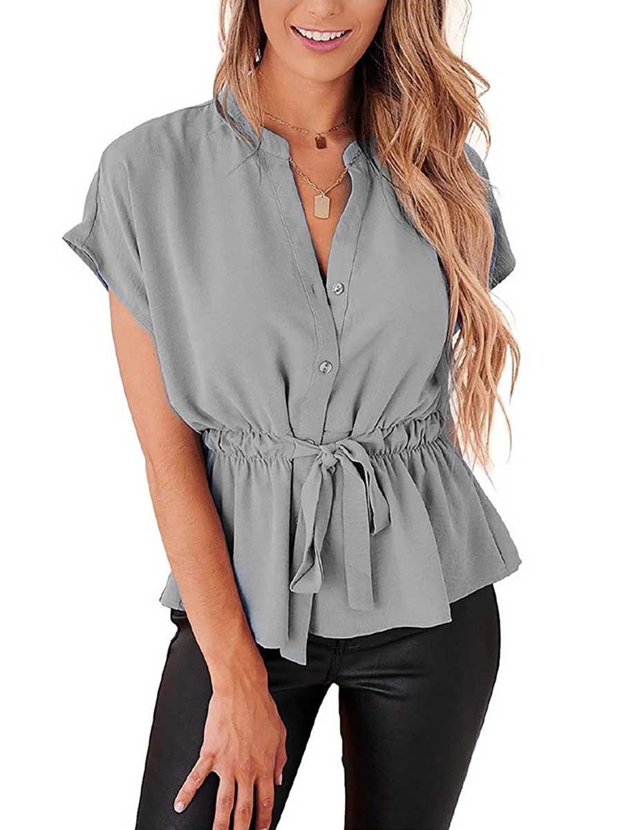 Veleaee V-Neck Drawstring Belt Chiffon Bat Shirt