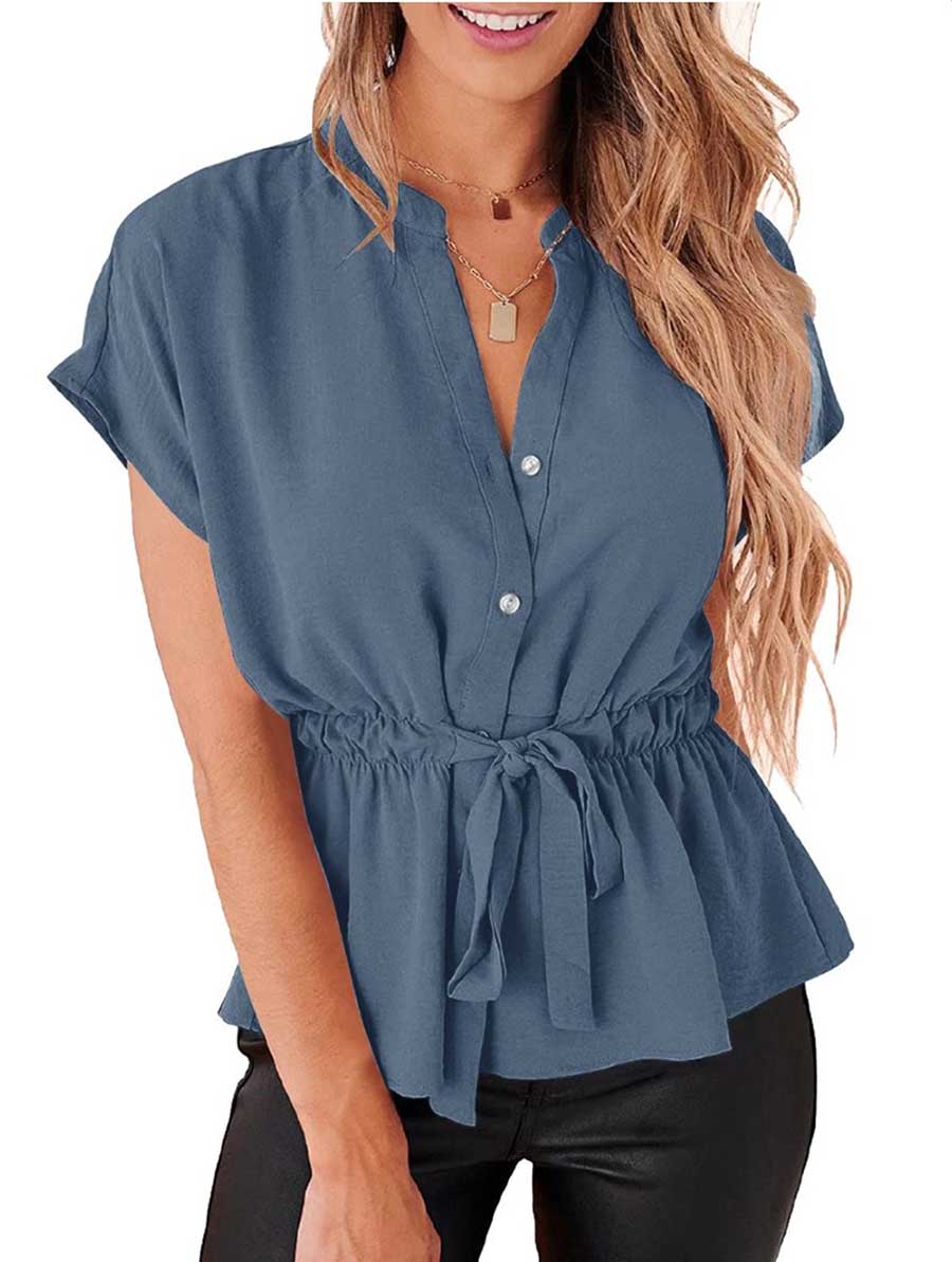 Veleaee V-Neck Drawstring Belt Chiffon Bat Shirt