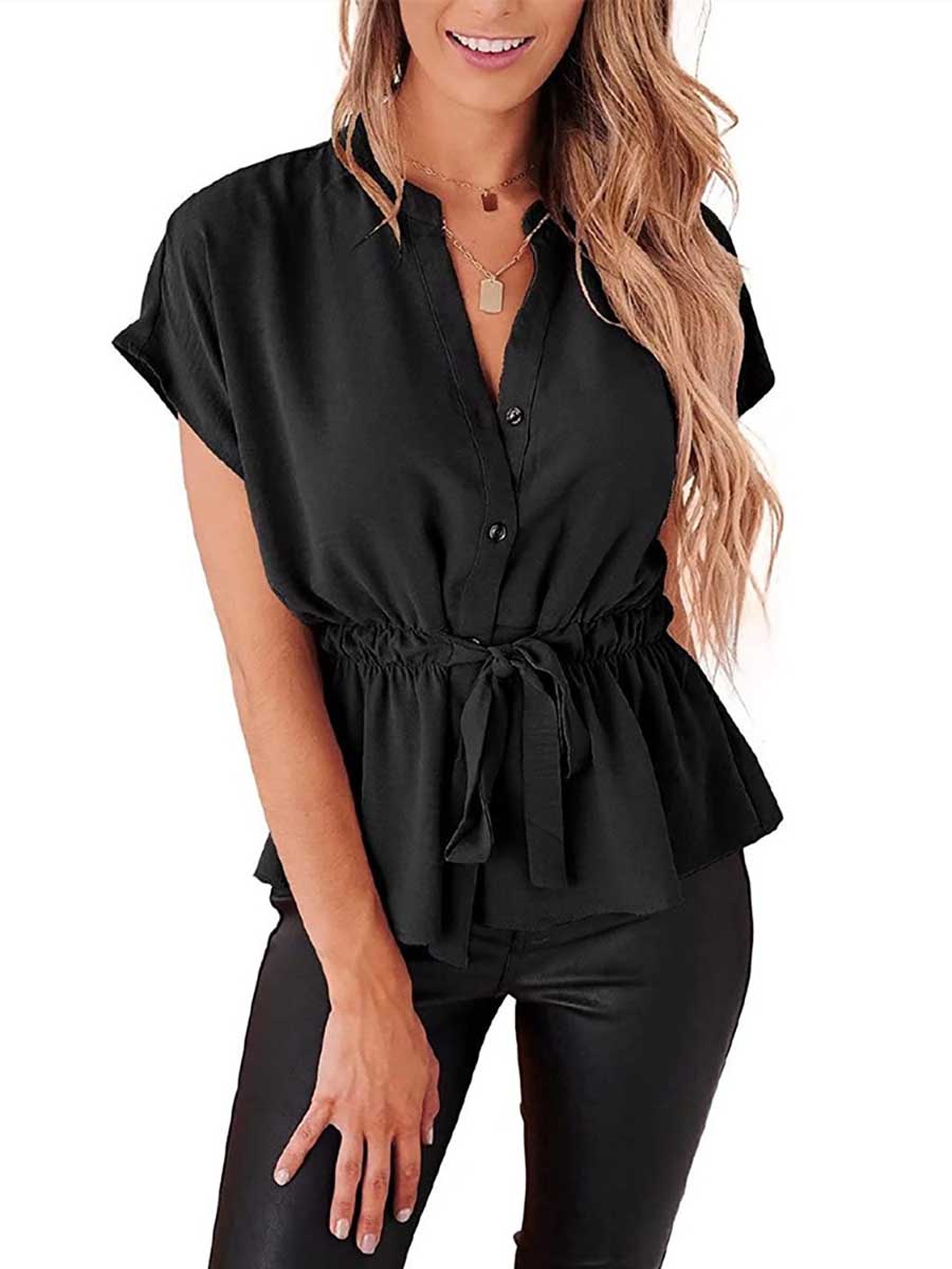 Veleaee V-Neck Drawstring Belt Chiffon Bat Shirt
