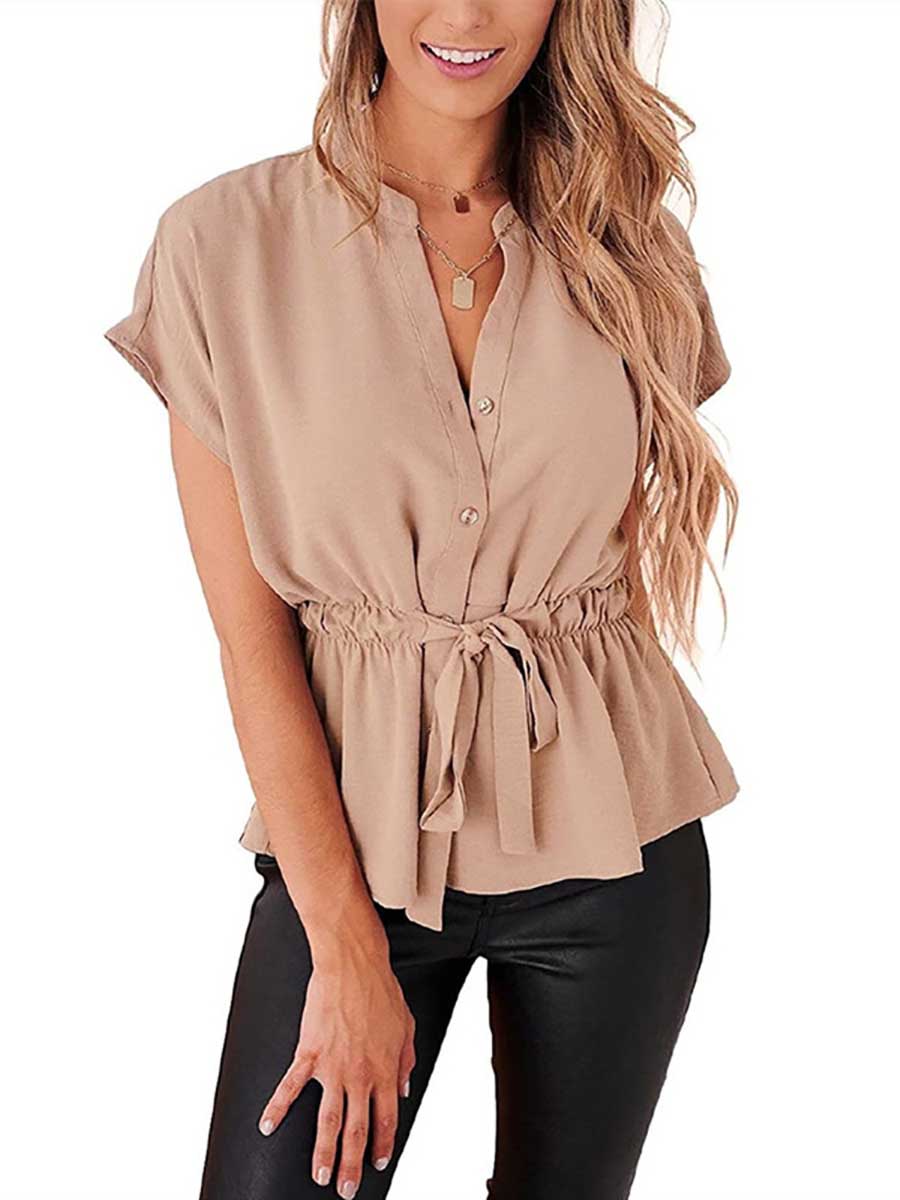 Veleaee V-Neck Drawstring Belt Chiffon Bat Shirt