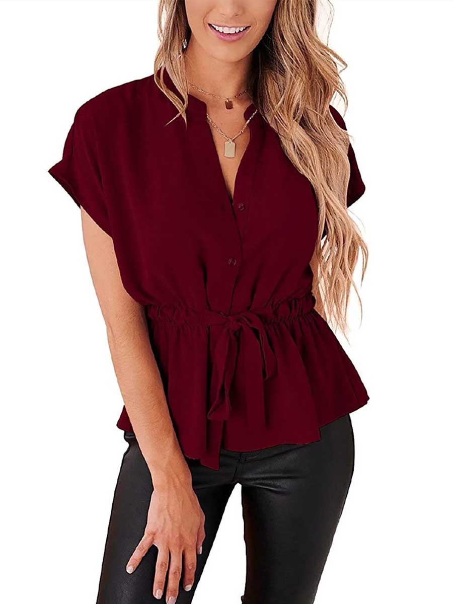 Veleaee V-Neck Drawstring Belt Chiffon Bat Shirt