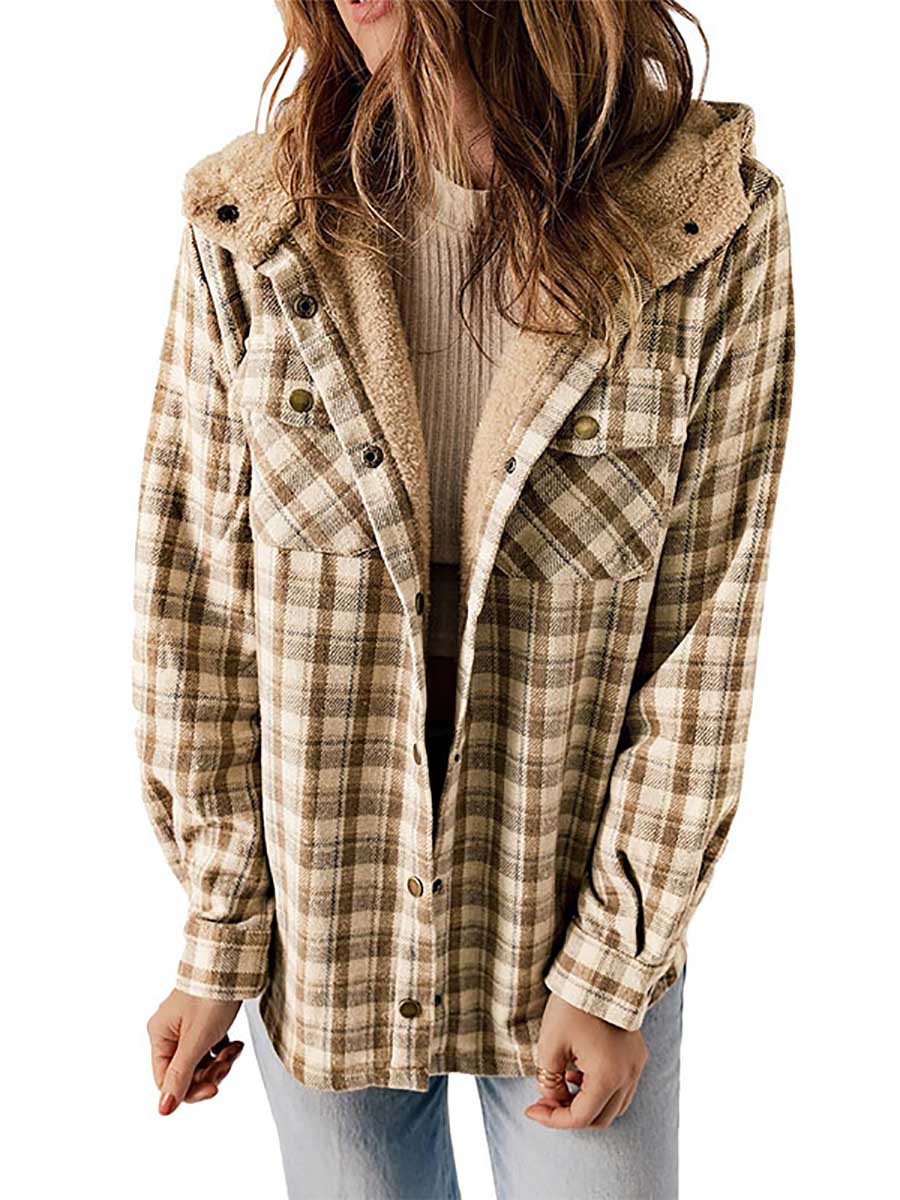 Veleaee Plaid Long Sleeve Shirt Hooded Thickened Jacket