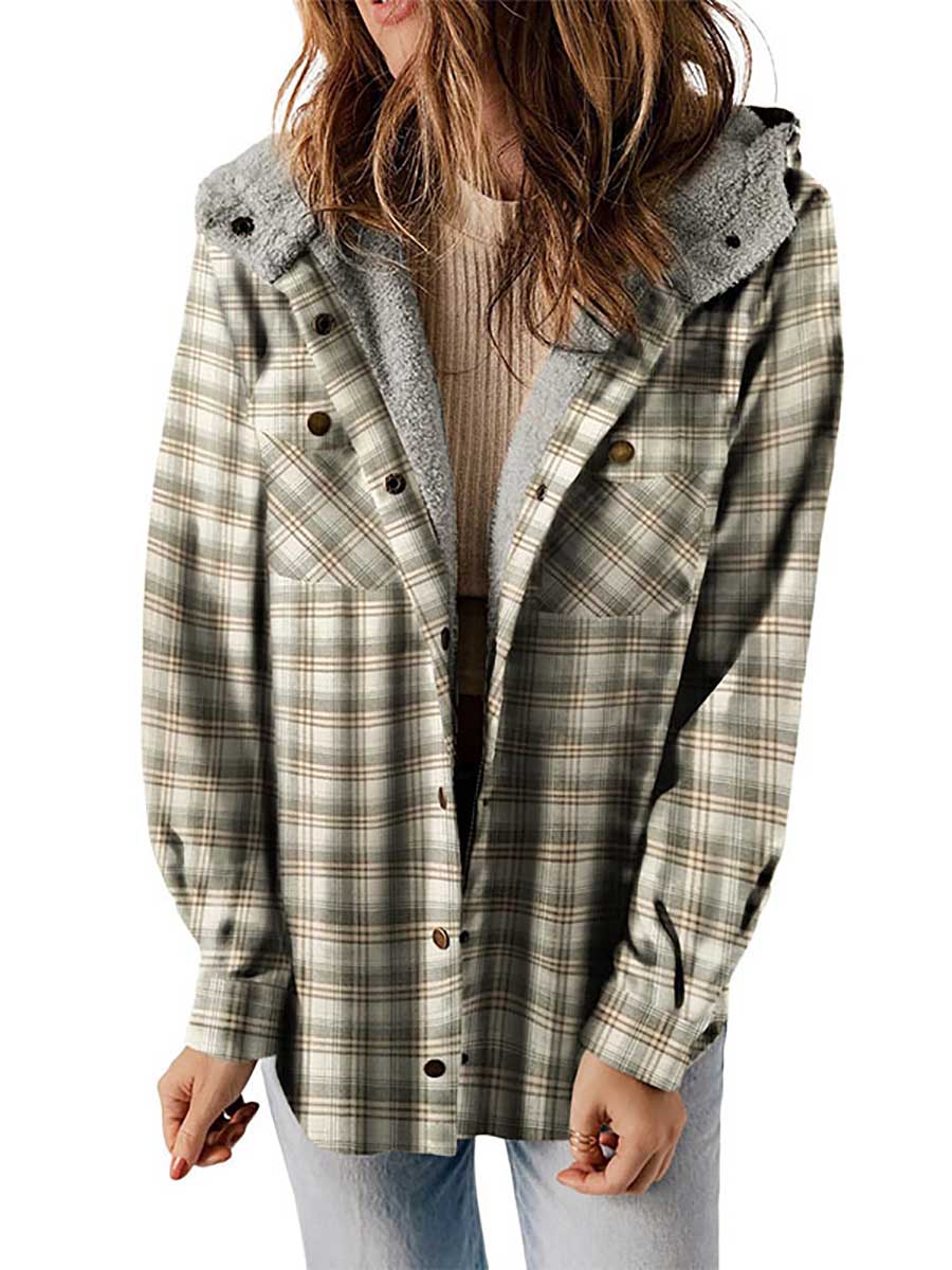 Veleaee Plaid Long Sleeve Shirt Hooded Thickened Jacket
