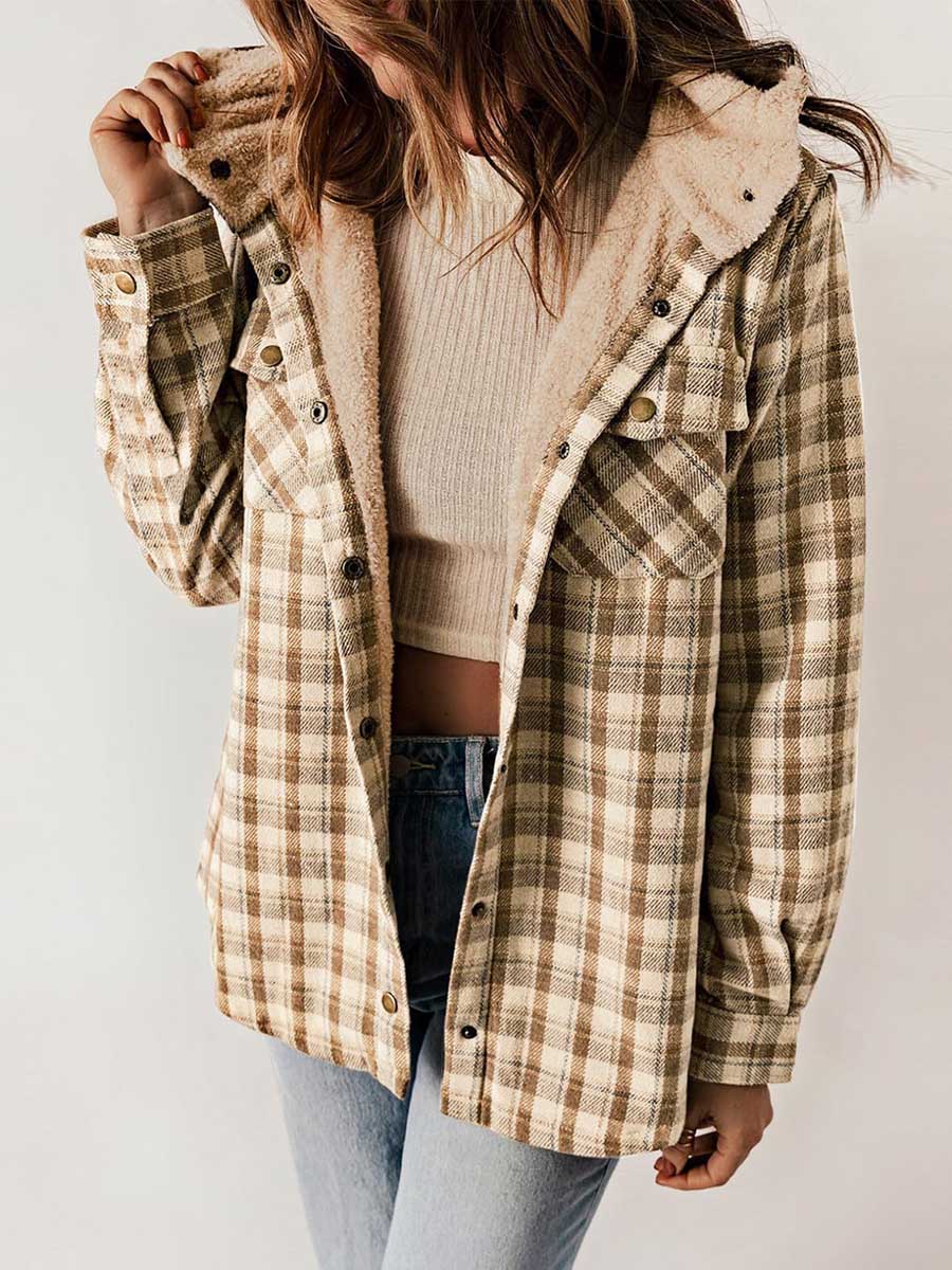 Veleaee Plaid Long Sleeve Shirt Hooded Thickened Jacket