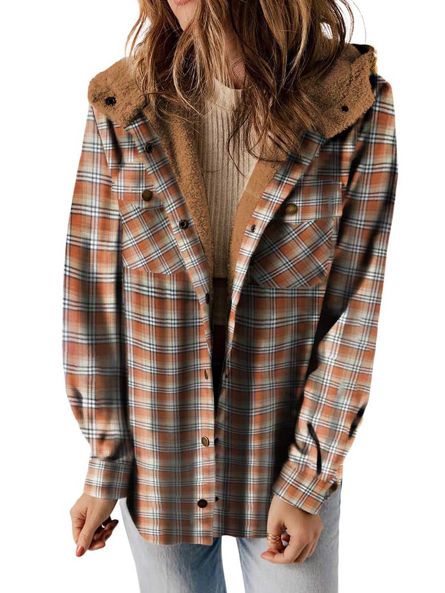 Veleaee Plaid Long Sleeve Shirt Hooded Thickened Jacket