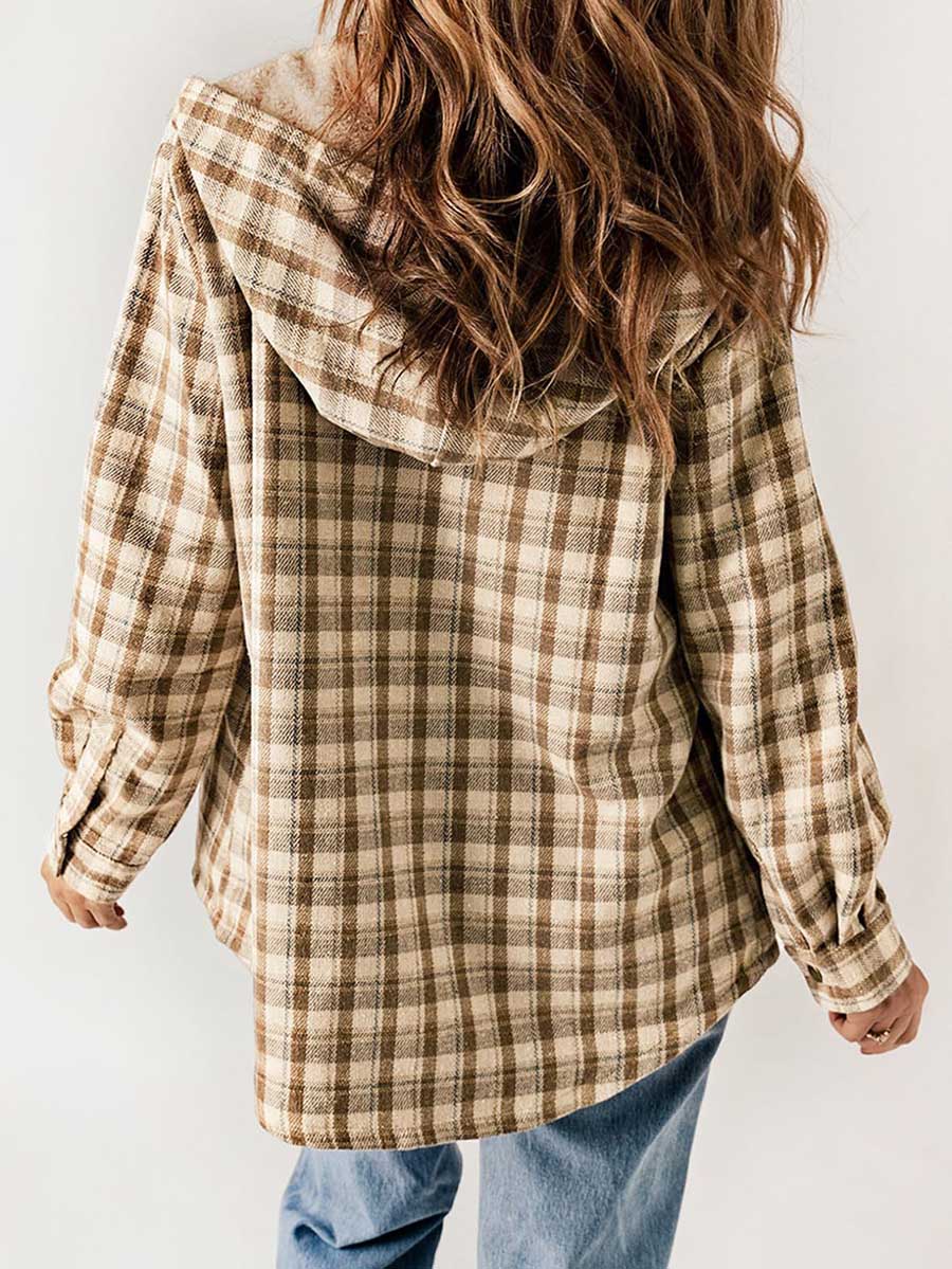 Veleaee Plaid Long Sleeve Shirt Hooded Thickened Jacket