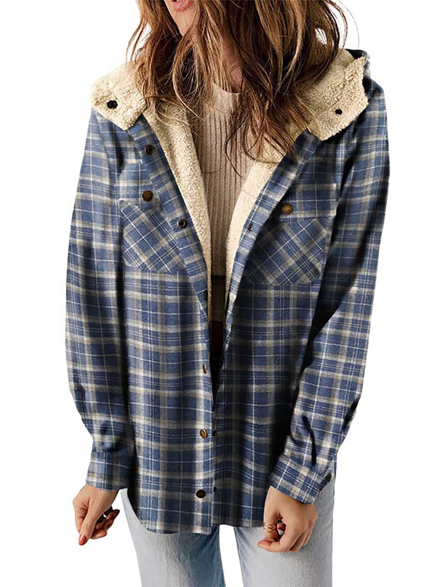 Veleaee Plaid Long Sleeve Shirt Hooded Thickened Jacket