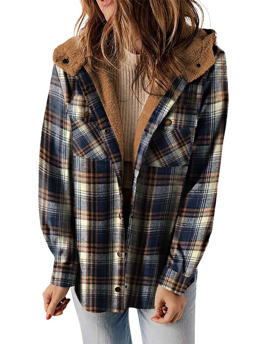 Veleaee Plaid Long Sleeve Shirt Hooded Thickened Jacket