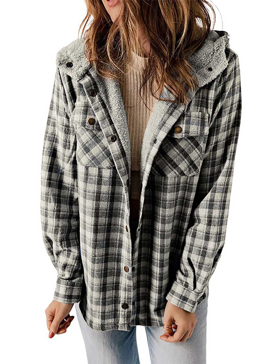 Veleaee Plaid Long Sleeve Shirt Hooded Thickened Jacket