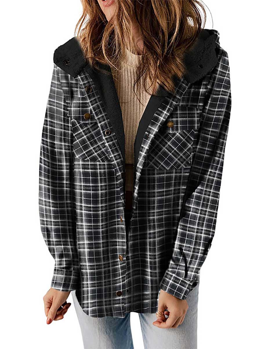 Veleaee Plaid Long Sleeve Shirt Hooded Thickened Jacket