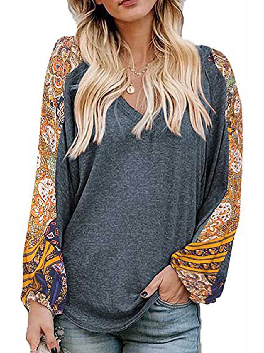 Veleaee V-Neck Printed Bubble Sleeve Long Sleeve T-Shirt
