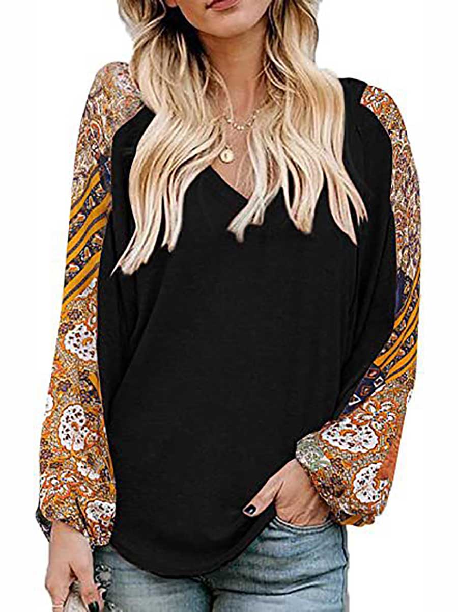 Veleaee V-Neck Printed Bubble Sleeve Long Sleeve T-Shirt