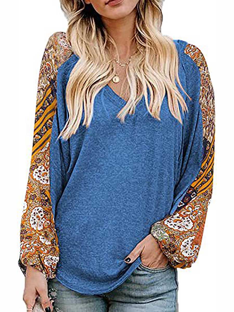 Veleaee V-Neck Printed Bubble Sleeve Long Sleeve T-Shirt