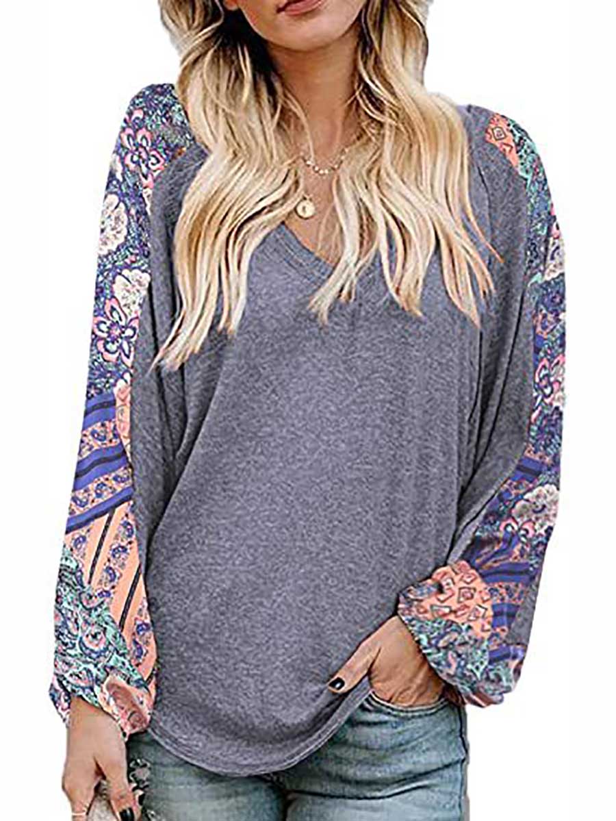 Veleaee V-Neck Printed Bubble Sleeve Long Sleeve T-Shirt
