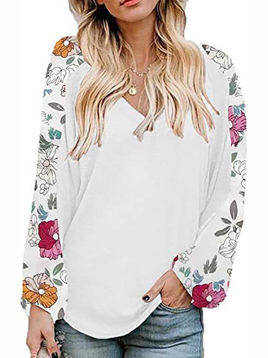 Veleaee V-Neck Printed Bubble Sleeve Long Sleeve T-Shirt