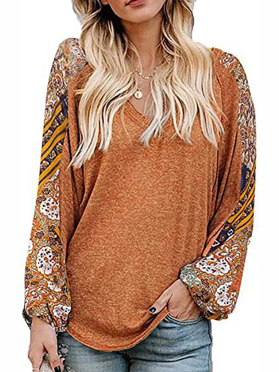 Veleaee V-Neck Printed Bubble Sleeve Long Sleeve T-Shirt