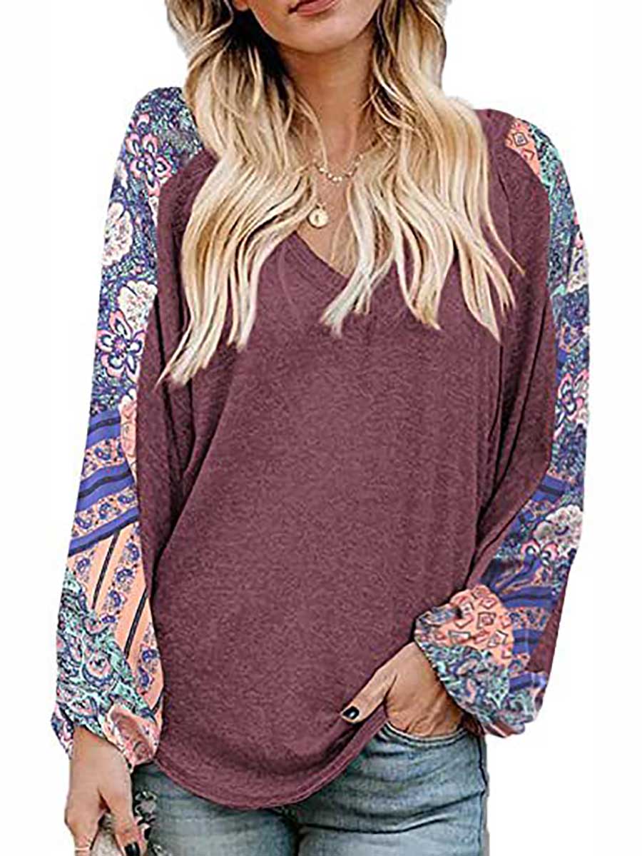 Veleaee V-Neck Printed Bubble Sleeve Long Sleeve T-Shirt