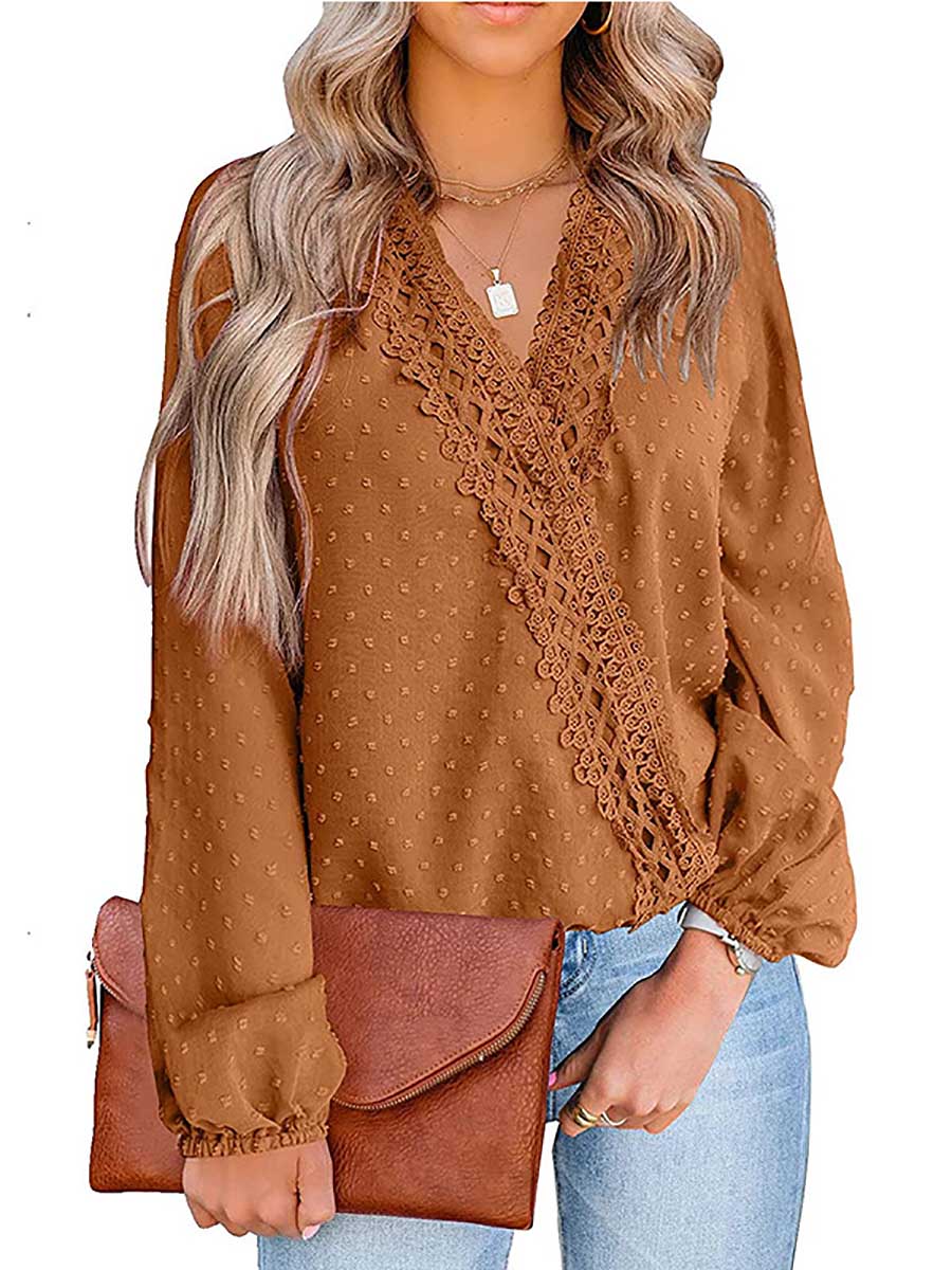 Veleaee Chiffon Casual Lace Blouse V-Neck Top