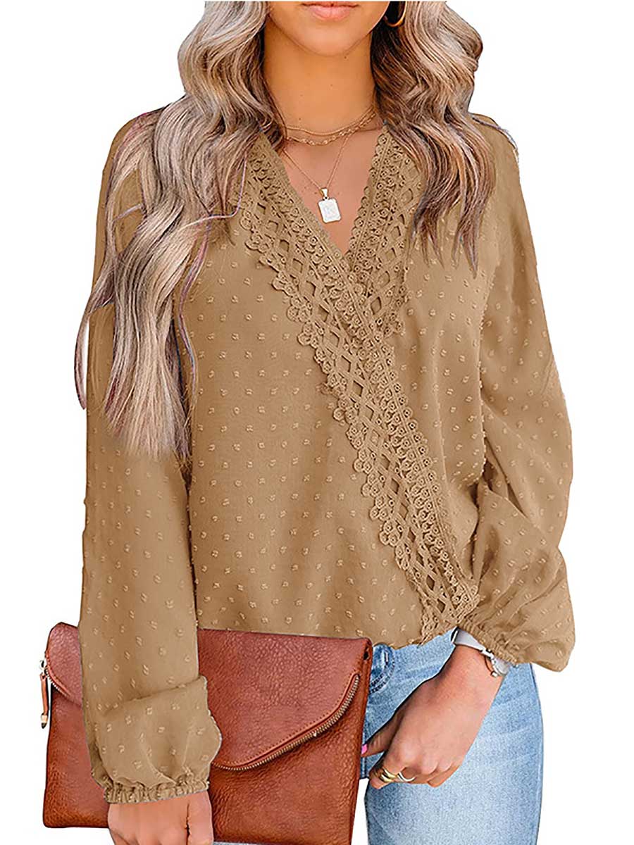 Veleaee Chiffon Casual Lace Blouse V-Neck Top