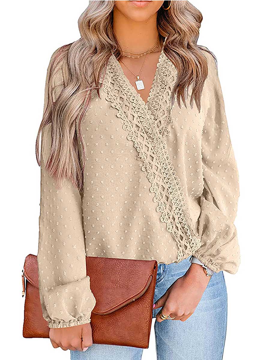 Veleaee Chiffon Casual Lace Blouse V-Neck Top