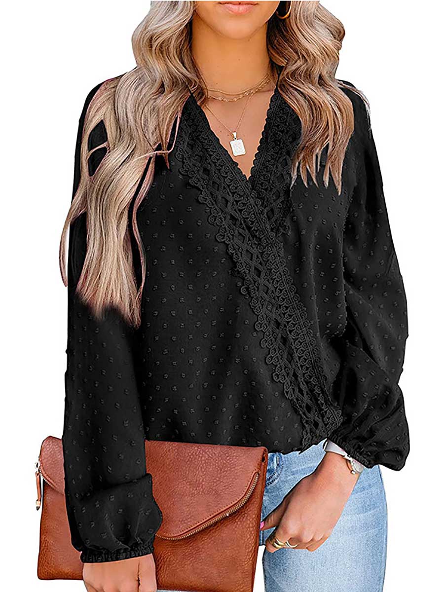Veleaee Chiffon Casual Lace Blouse V-Neck Top