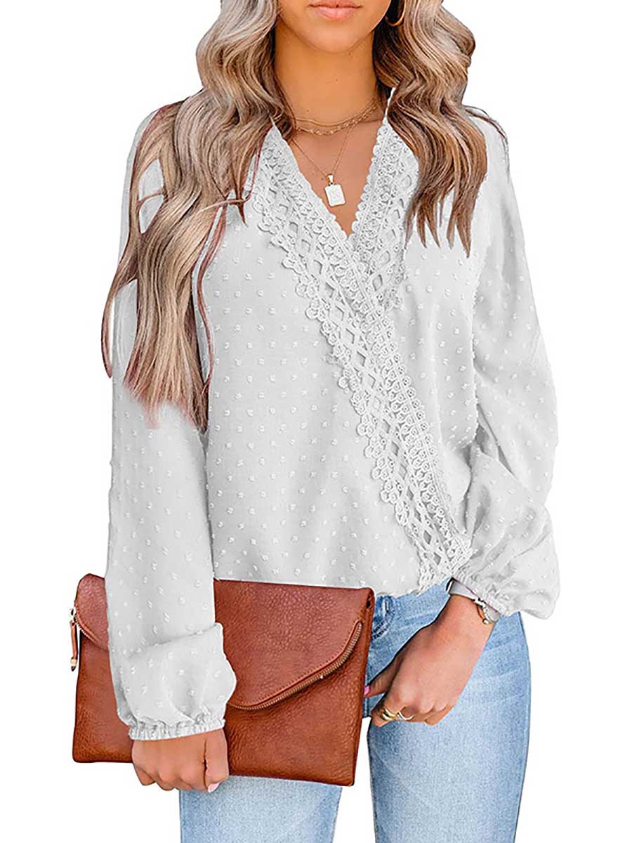 Veleaee Chiffon Casual Lace Blouse V-Neck Top