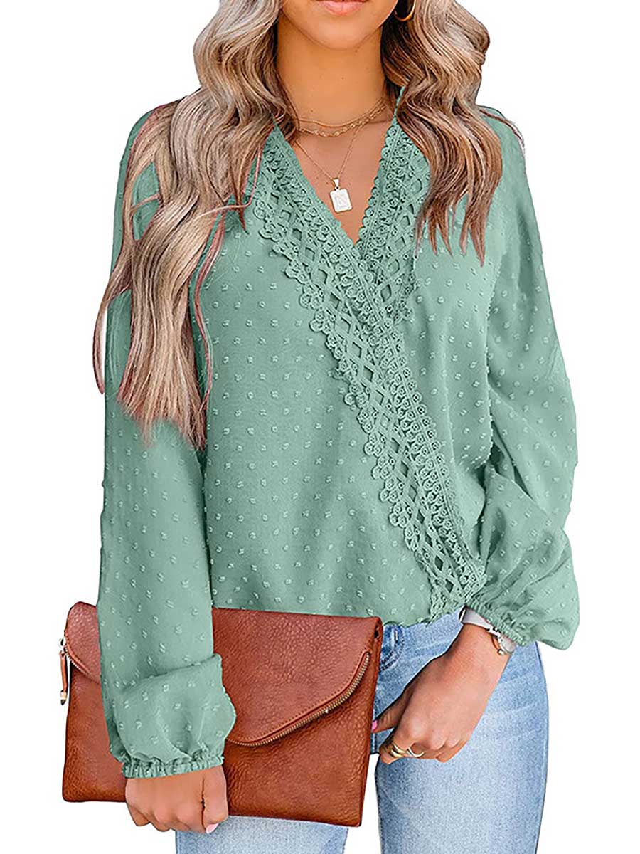 Veleaee Chiffon Casual Lace Blouse V-Neck Top