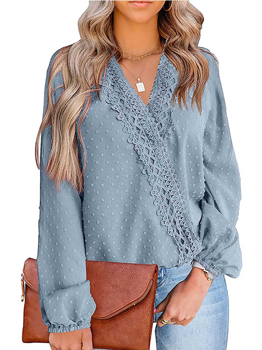 Veleaee Chiffon Casual Lace Blouse V-Neck Top