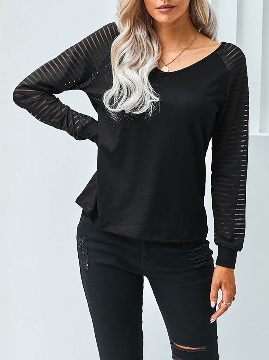 Veleaee Hollow Striped Long Sleeve V-Neck Top(6 colors)
