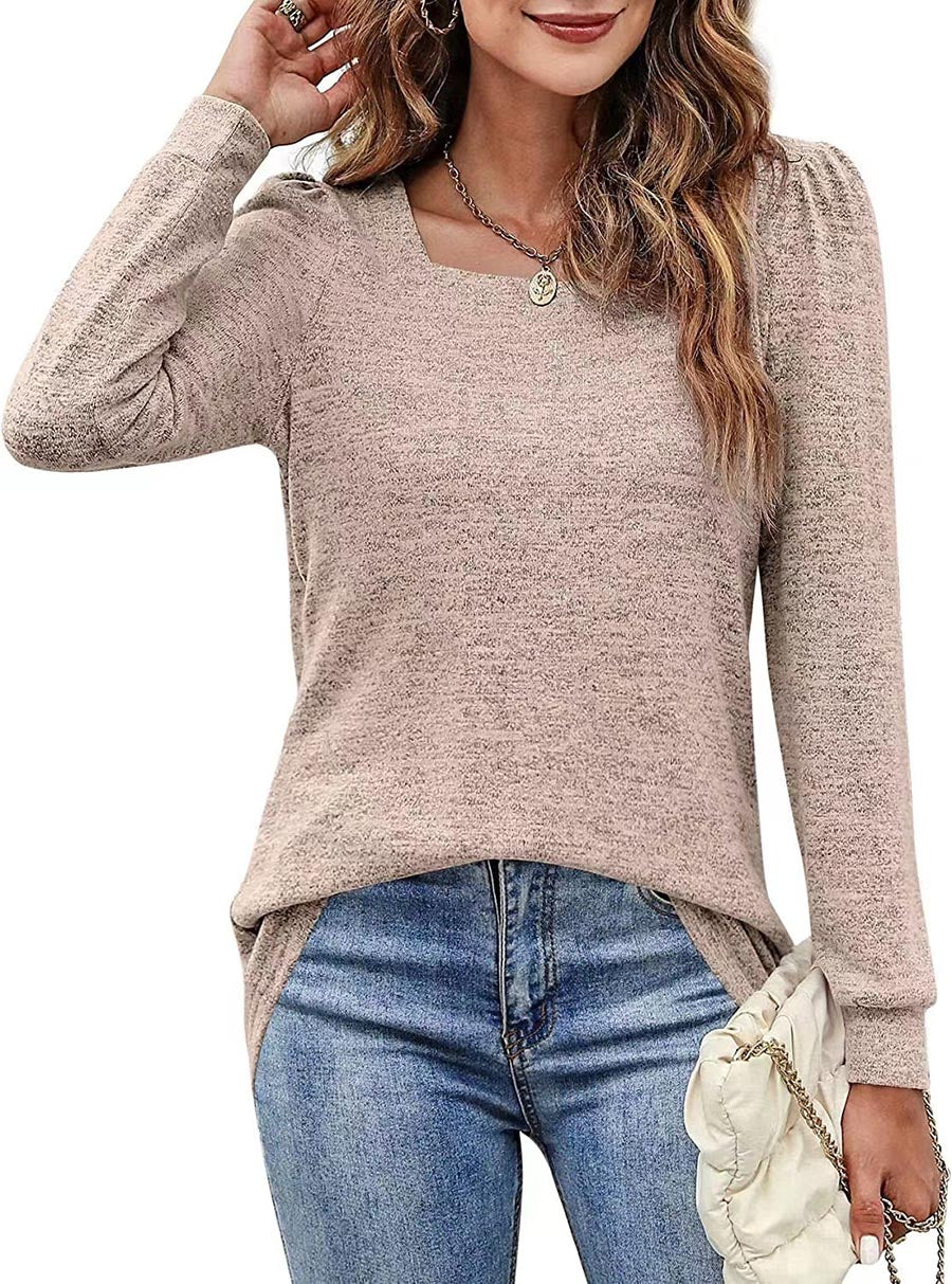 Veleaee Solid Color U-Neck Ruffled Long Sleeve Casual Shirt