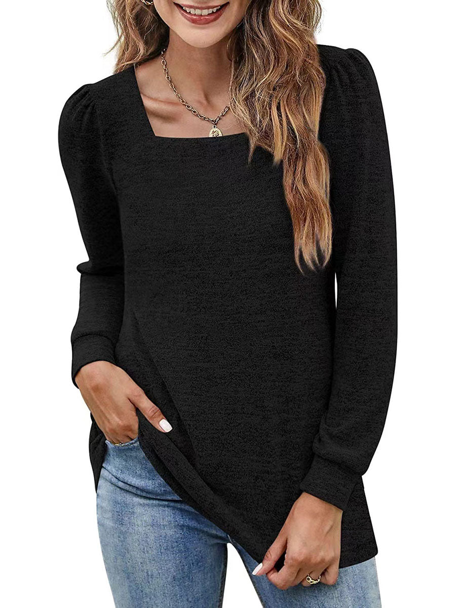 Veleaee Solid Color U-Neck Ruffled Long Sleeve Casual Shirt