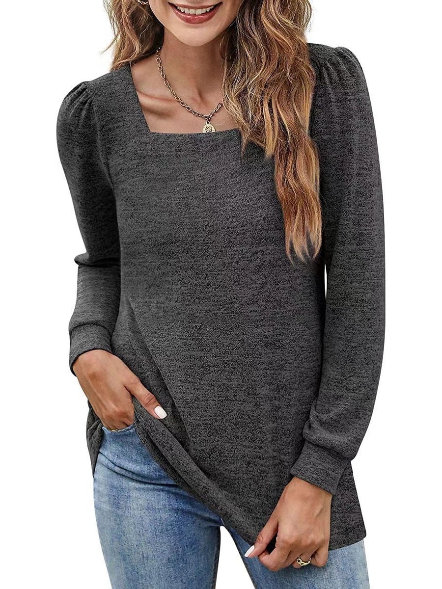 Veleaee Solid Color U-Neck Ruffled Long Sleeve Casual Shirt