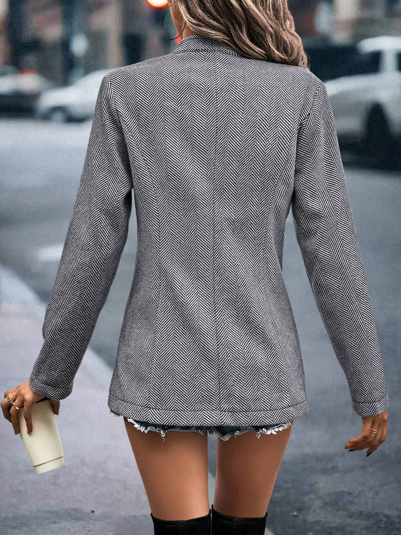 Veleaee Elegant Solid Patchwork Mandarin Collar Outerwear