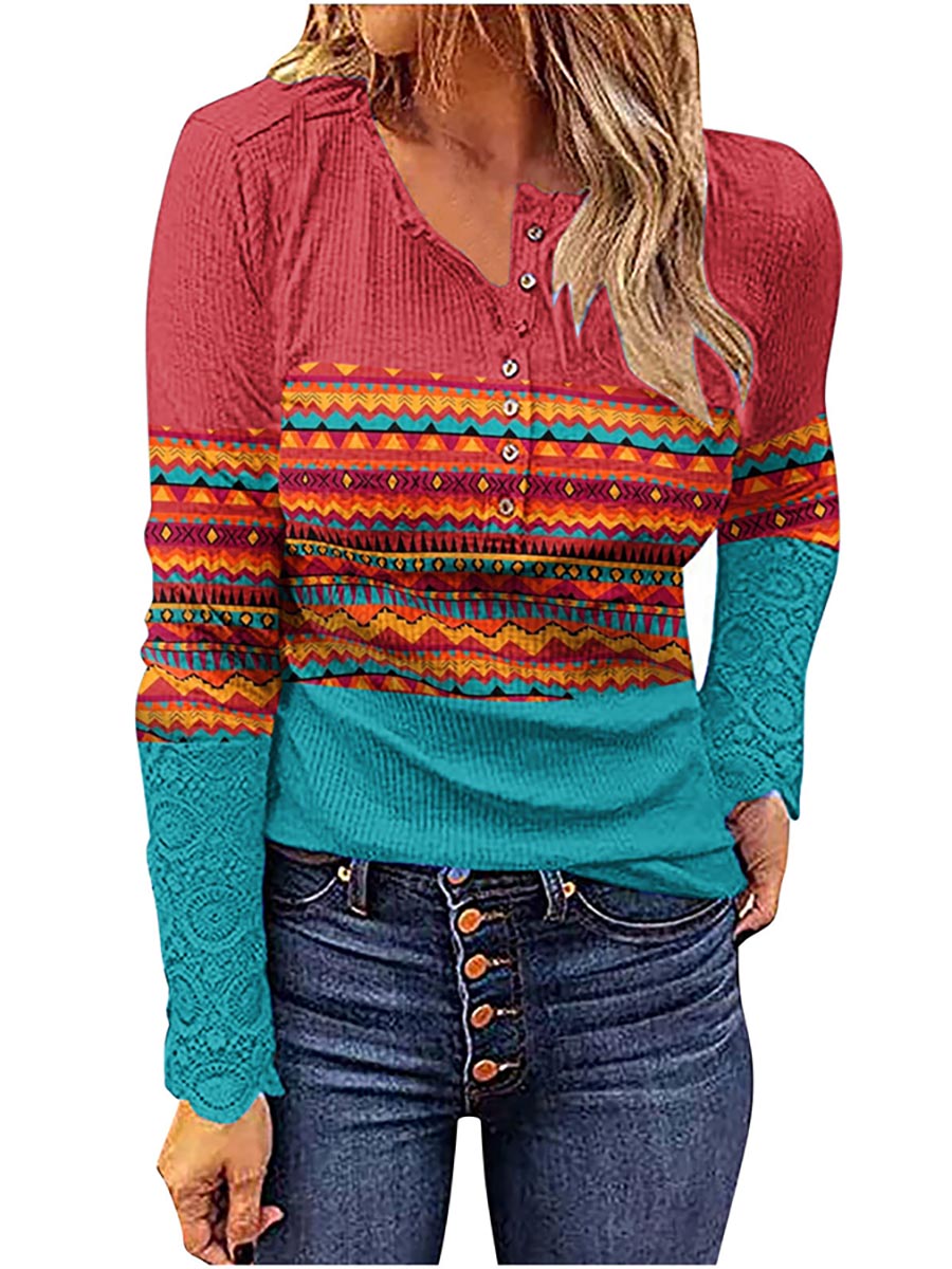 Veleaee V Neck Buttons Printed Bottoming Shirt