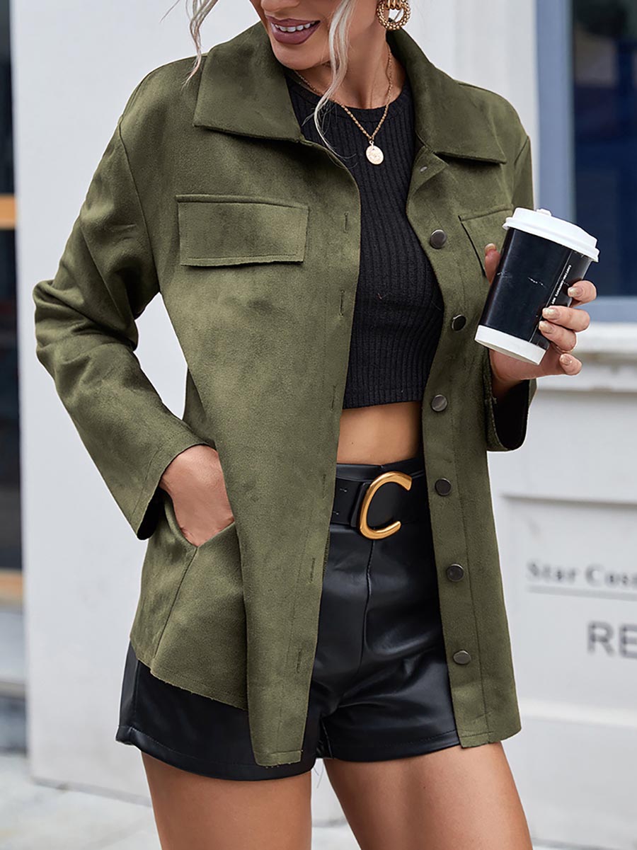 Veleaee Single Breasted Suede Long Sleeve Jacket