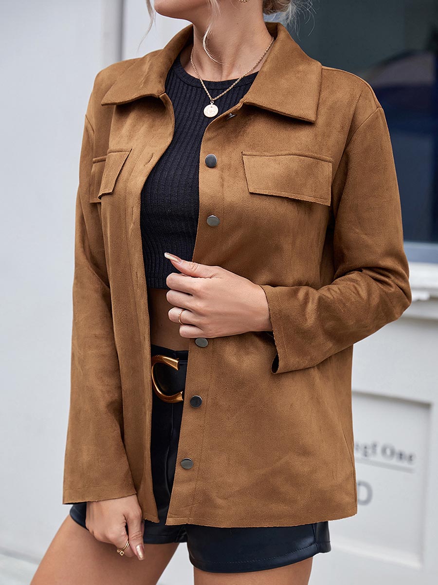 Veleaee Single Breasted Suede Long Sleeve Jacket