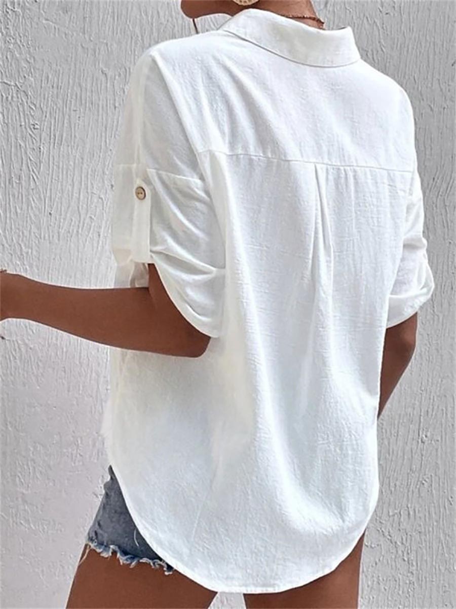 Veleaee Long Sleeves Pocket Lapel Cotton Linen Shirt