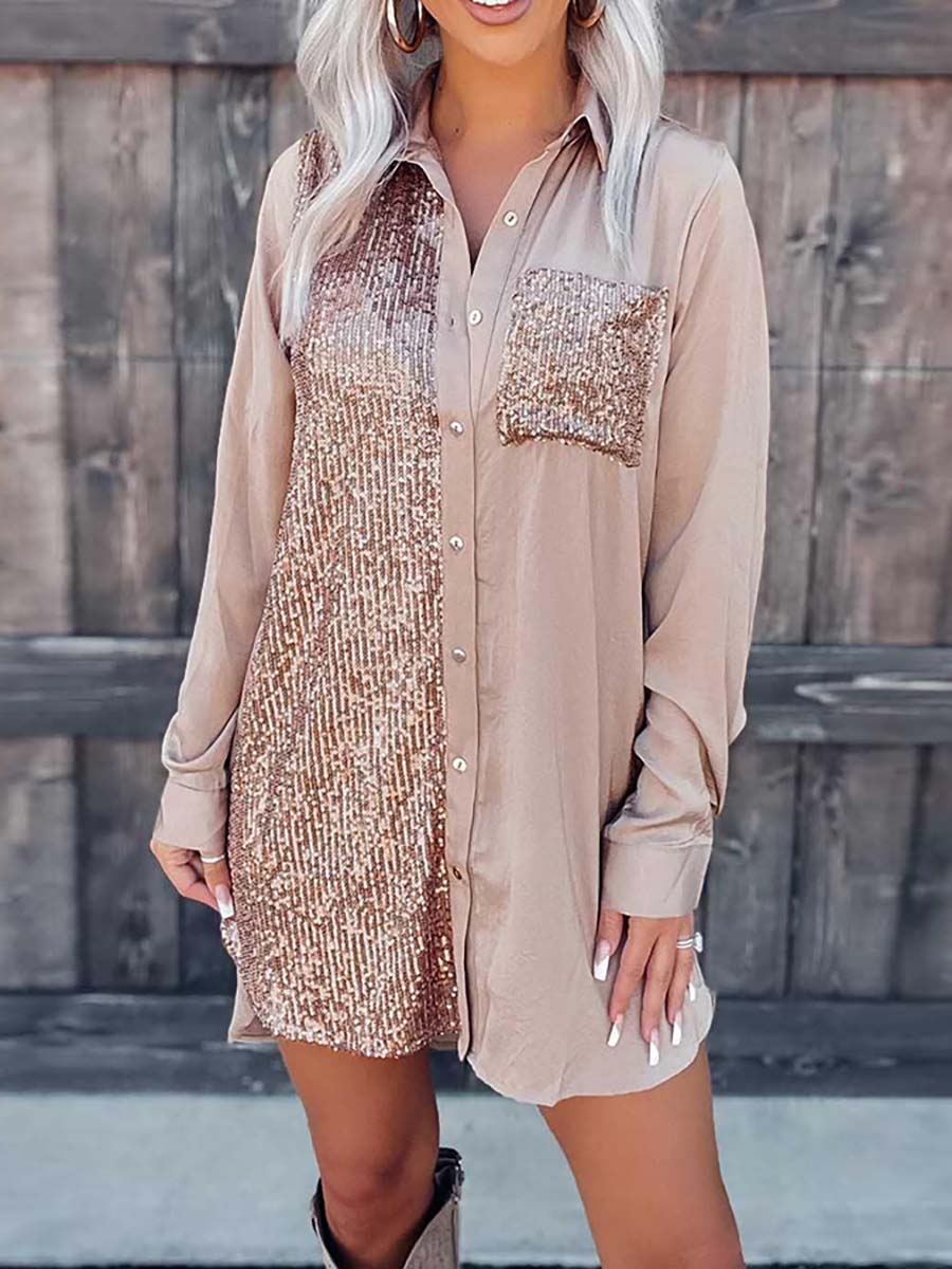 Veleaee Satin Sequin Button Down Shirt Dress