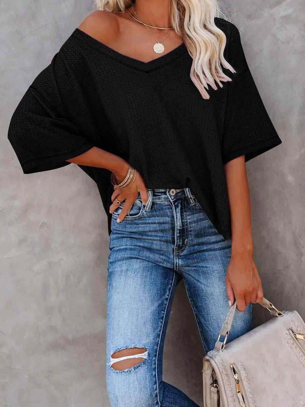 Veleaee V-Neck Dolman Sleeve Top