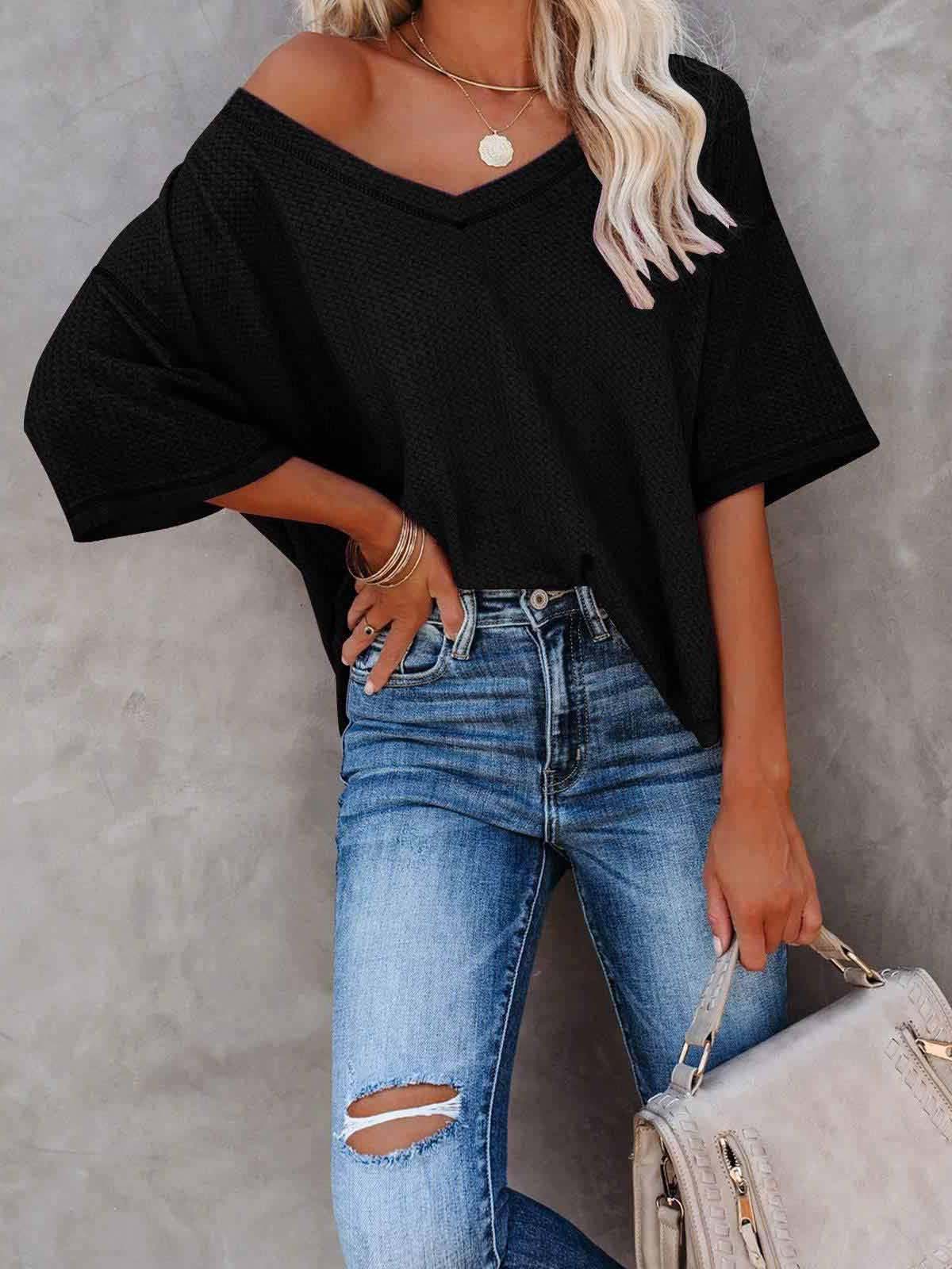 Veleaee V-Neck Dolman Sleeve Top