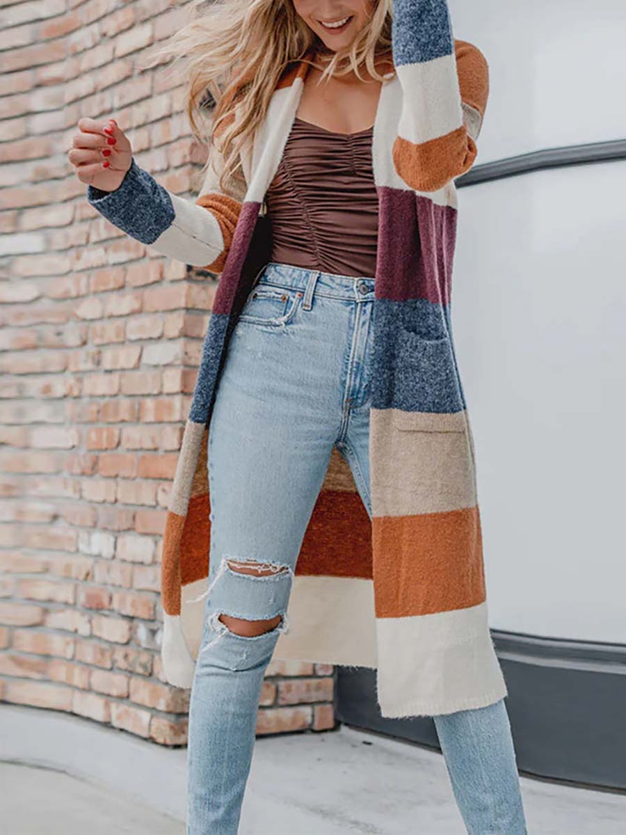 Veleaee Multicolor Knitted Color Block Open Front Long Cardigan