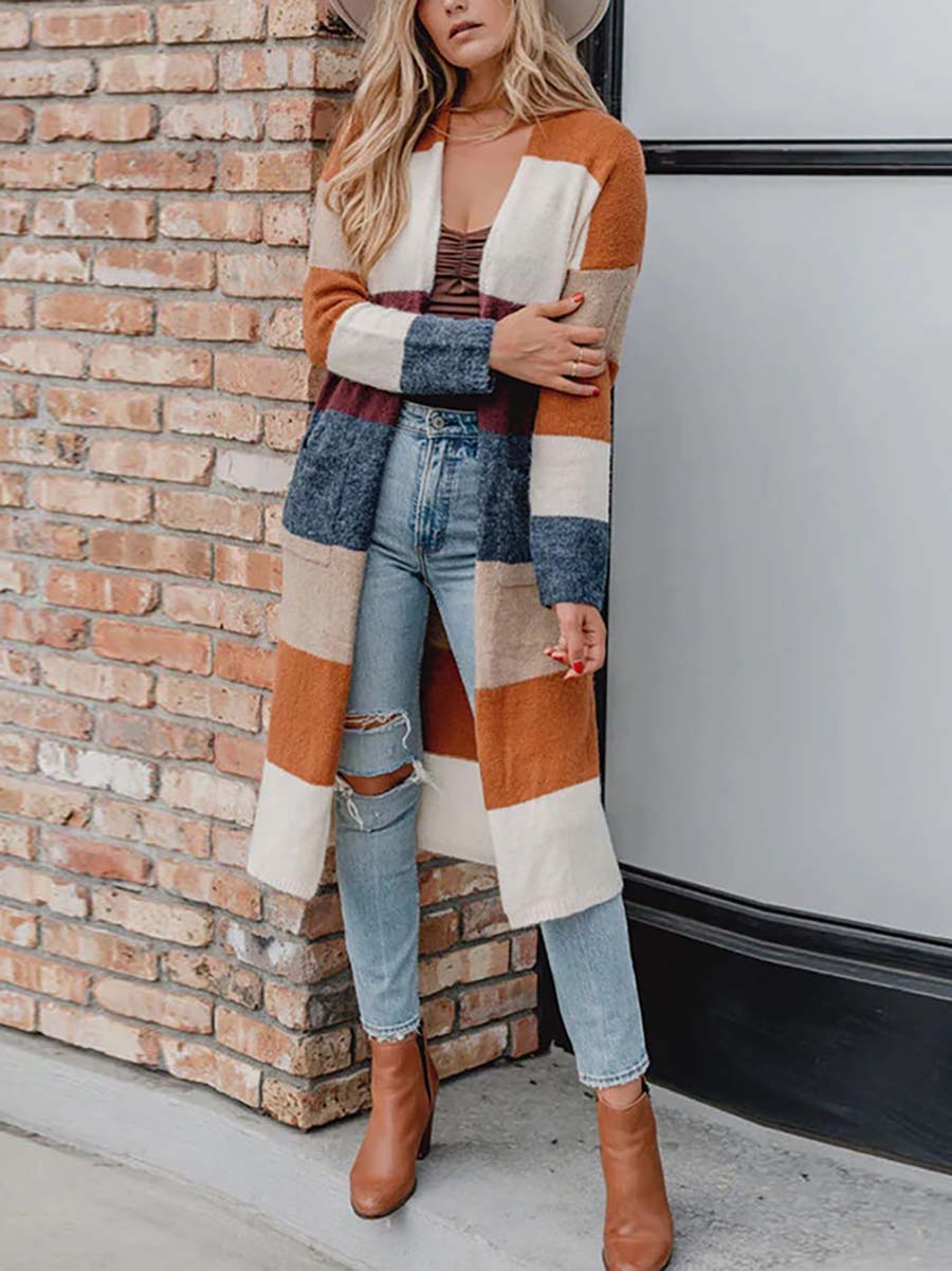 Veleaee Multicolor Knitted Color Block Open Front Long Cardigan