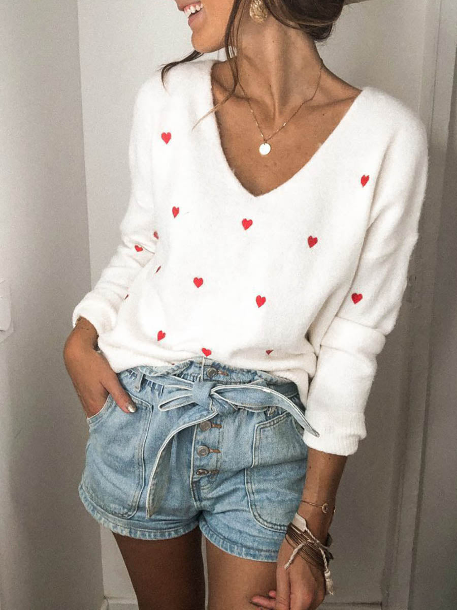 Veleaee Love Polka Dot V-Neck Sweater