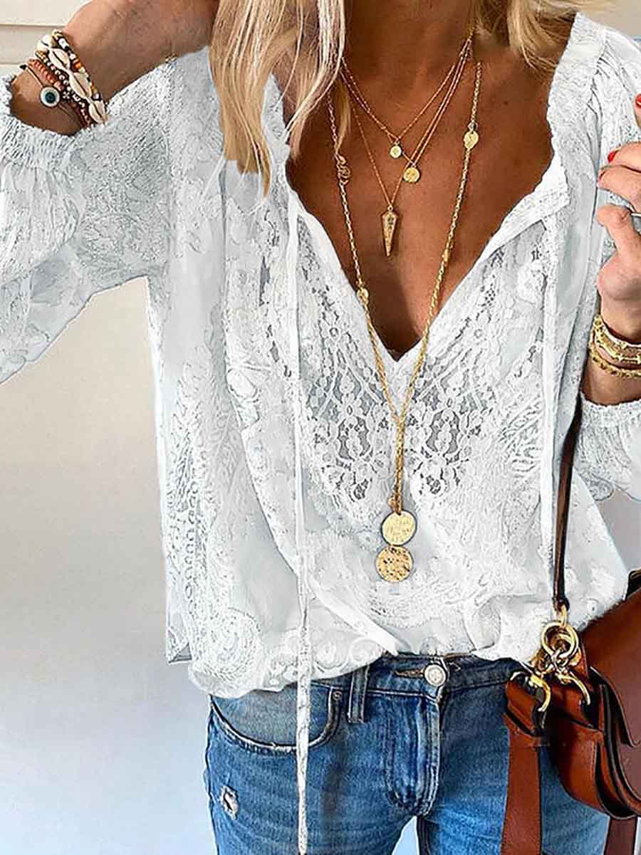 Veleaee Printed Solid Color Lace Shirt